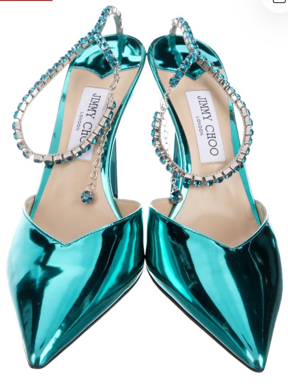 Jimmy Choo Saeda 100 Metallic Teal Pointed Toe Heels with Crystal Anklet - Picture 5 of 16